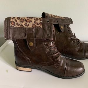 Brown Combat boots with leopard desgin